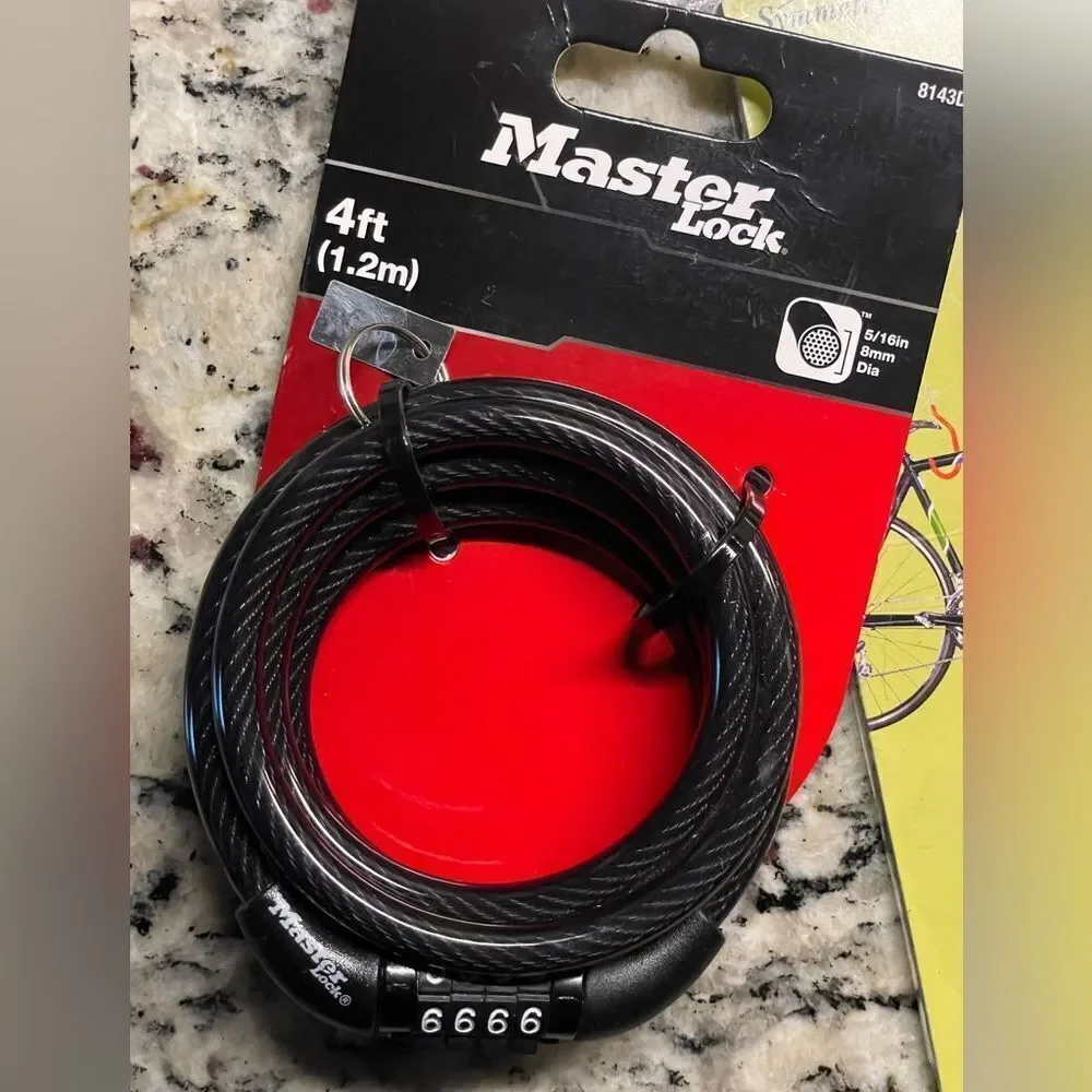 Bicycle Accessories (NEW) Master 4ft Lock Black Cable Lock & Bike Hooks